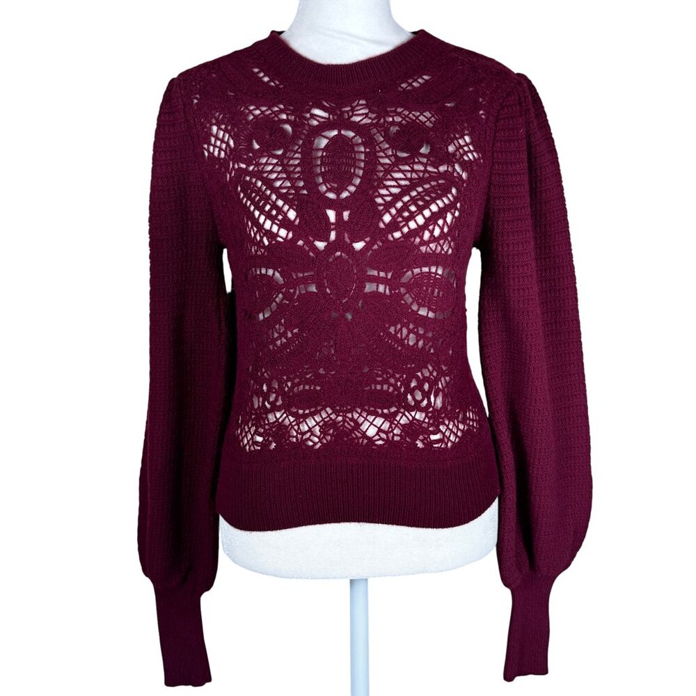 Joie Burgundy Embroidered Knit Puff Sleeve Sweater Sheer Front Size S - Picture 2 of 11